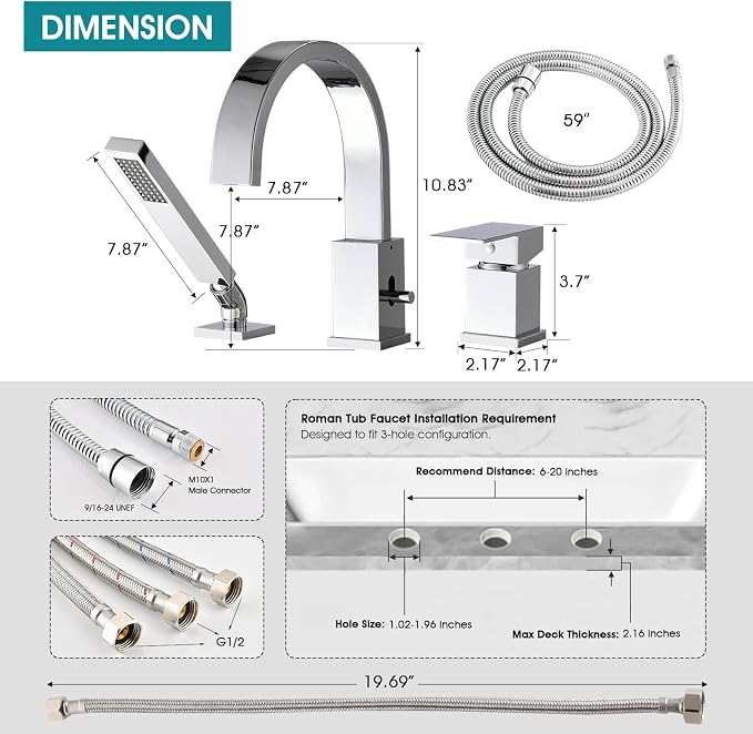 Brass Roman Tub Faucet with Handheld Sprayer, Deck Mount Bathtub Faucet with - Image 7