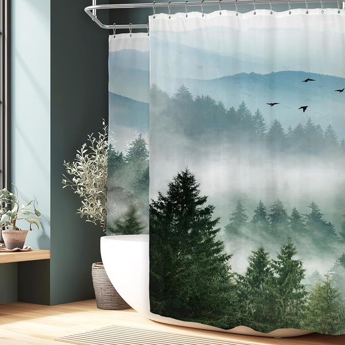 Riyidecor Extra Wide Green Mountain Shower Curtain 108Wx72H Inch Rustic Nature - Image 3