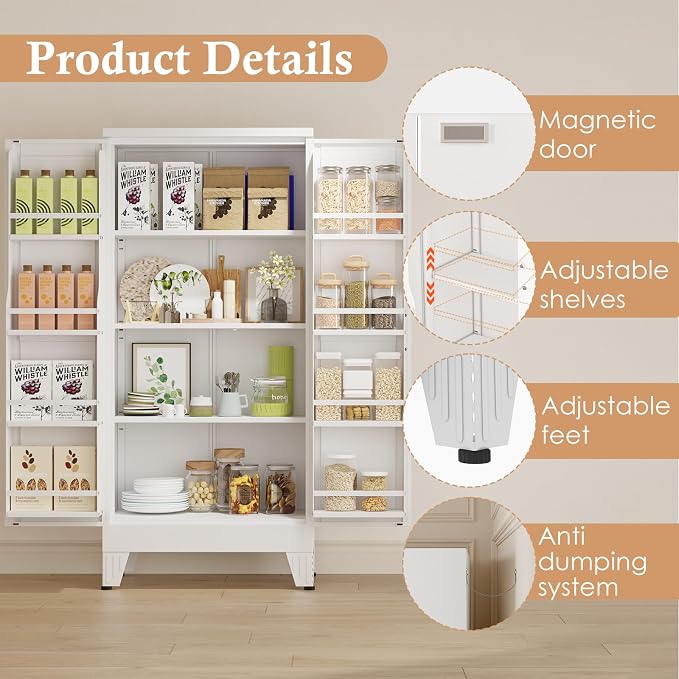 48" H Metal Kitchen Pantry Storage Cabinet, Freestanding Cupboard Storage - Image 4