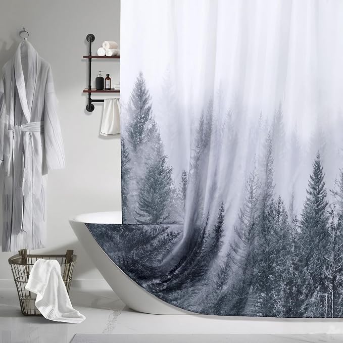 ORTIGIA Grey Shower Curtain for Bathroom, Misty Forest Shower Curtain Set - Image 7