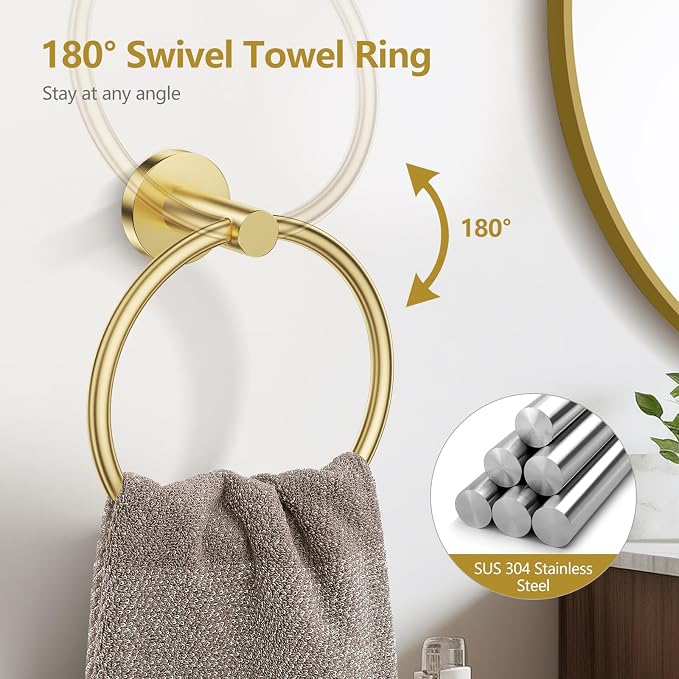 TQKAG Brushed Gold 5 Piece Bathroom Hardware Accessories Set 23.6" SUS304 - Image 4