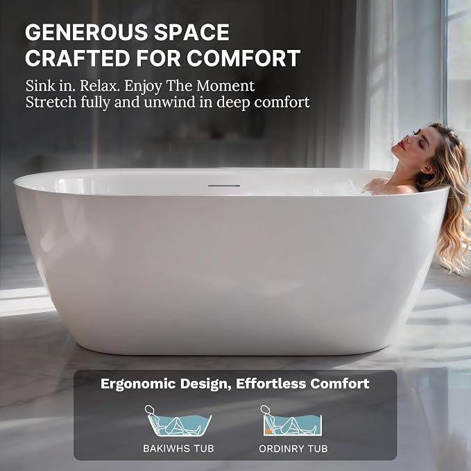 67" Acrylic Freestanding Soaking Bathtub, Modern Oval Acrylic Bath Tub - Image 4