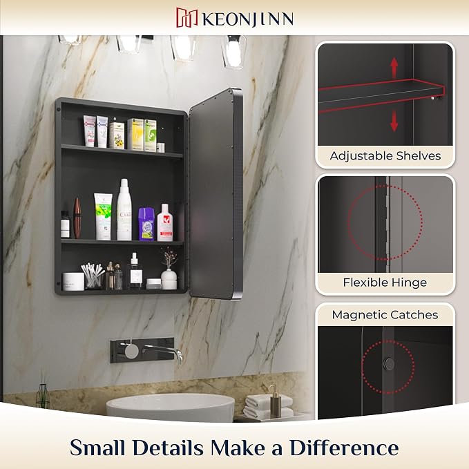 Keonjinn 20 x 26 Inch Black Recessed Medicine Cabinets, Bathroom Mirrored - Image 7
