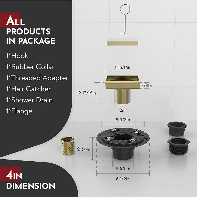 WEBANG 4 Inch Square Shower Drain Gold Floor Drain - Image 2