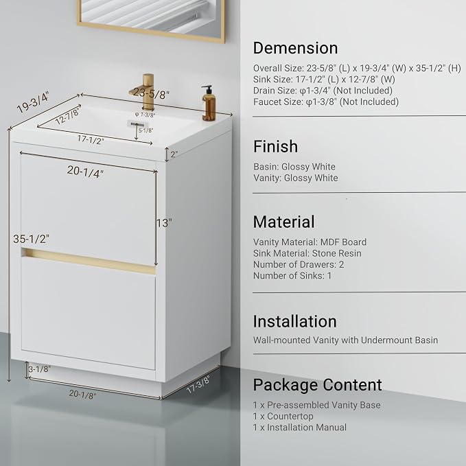 24 Inch Bathroom Vanity with Sink, Single Sink Bathroom Vanity, Freestanding - Image 2