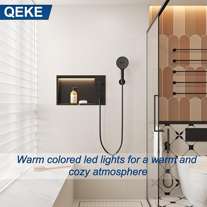 Shower Niche with Round Hand Shower, and LED Light in Matte Black/Horizontal - Image 7