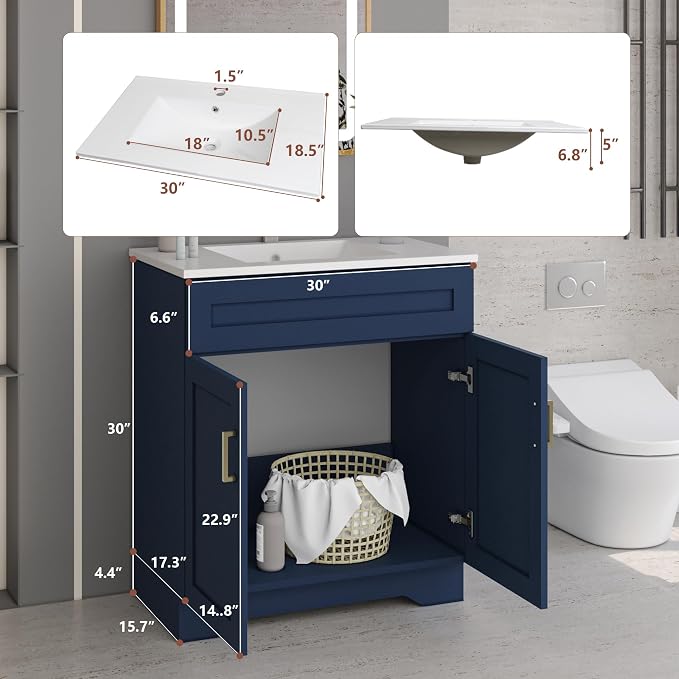 Bathroom 30" Vanity with Ceramic Sink, Wooden Double Door Bathroom Storage - Image 2