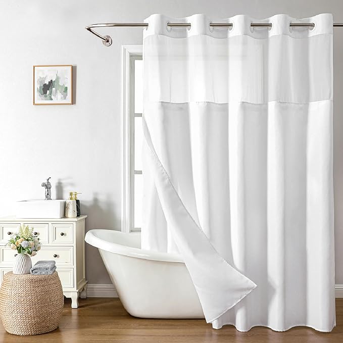 Long No Hooks Needed Linen Textured Shower Curtain by EACHOPE