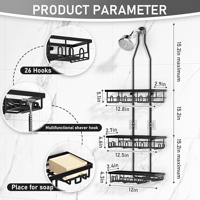 Shower Caddy, Rustproof Shower Shelves Over Shower Head, Extended Length shower - Image 6