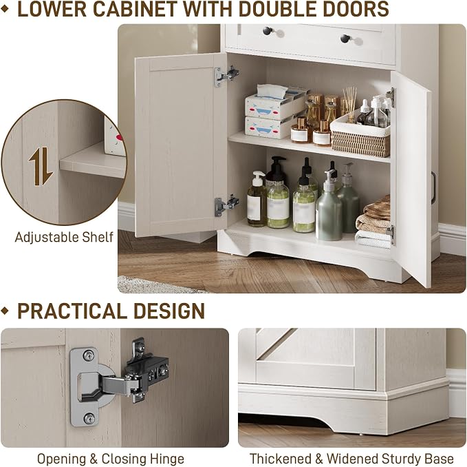Vabches Farmhouse Bathroom Cabinet, Adjustable Shelves & Doors, 3 Tier Wood - Image 7