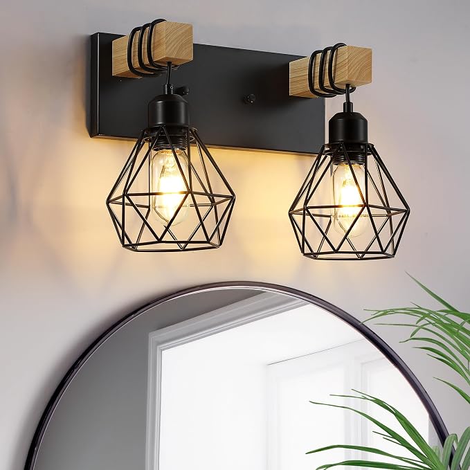 Farmhouse Vanity Light for Bathroom, 2-Light Wood Bathroom Vanity Light - Image 8