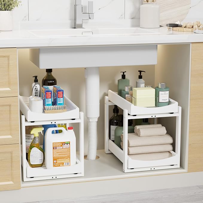 Bamboo Under Sink Organizer Adjustable Height 2 Tier Bathroom Organizer Pull by Unknown