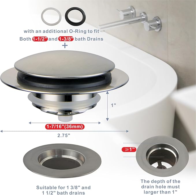 Brushed Bathtub Drain Stopper, Universal Pop Up Bath Drain, Hidrop Tip Toe Tub - Image 2