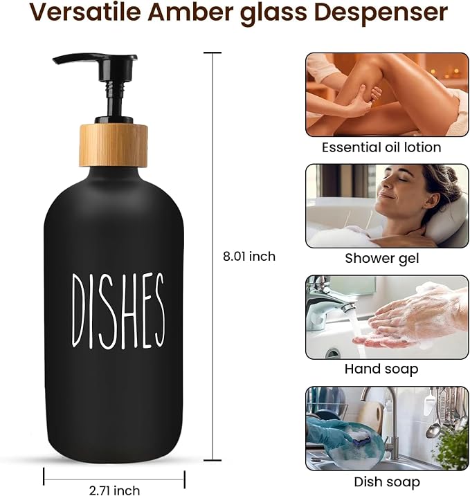 16 OZ Thick Black Glass Soap Dispenser, Bamboo Pump - Image 3