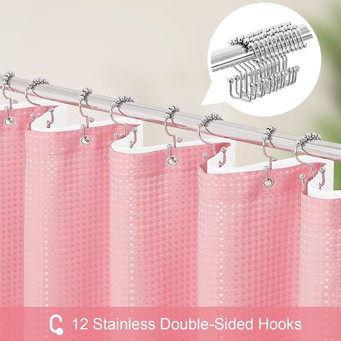 3 in 1 Long Pink Shower Curtain Set-72 W x 78 H, Modern Waffle and PEVA Liner - Image 3