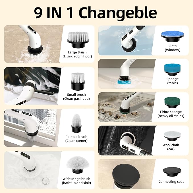 Electric Spin Scrubber for Cleaning, 9 in 1 Changeable Bathroom Scrubber - Image 2