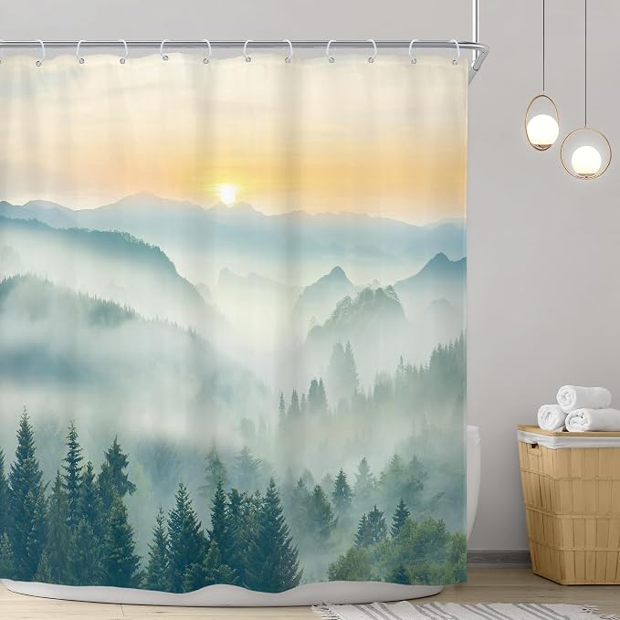 Riyidecor Extra Long Mountain Shower Curtain 72Wx84H Inch Green Yellow Sunrise - Image 2