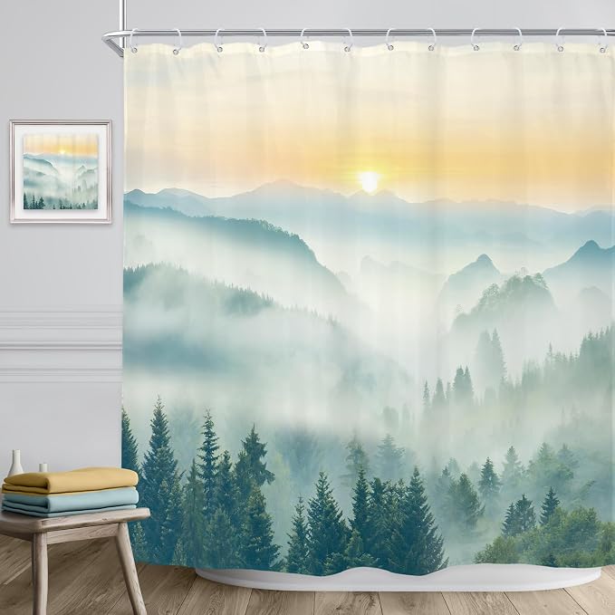 Riyidecor Mountain Shower Curtain 72Wx72H Inch Green Sunrise Sunset Scenery - Image 3