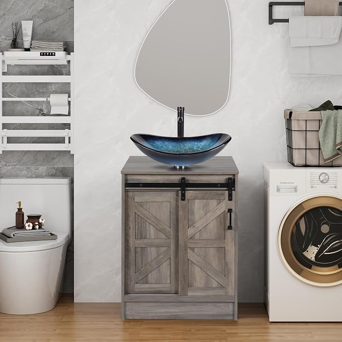 24" Barn Door Bathroom Vanity, Farmhouse Style Standing Pedestal Cabinet by Solidee