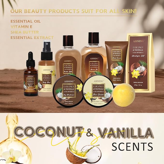 Spa Basket for Women, Coconut Vanilla Bath & Body Set, Christmas & Birthday Gift - Image 4