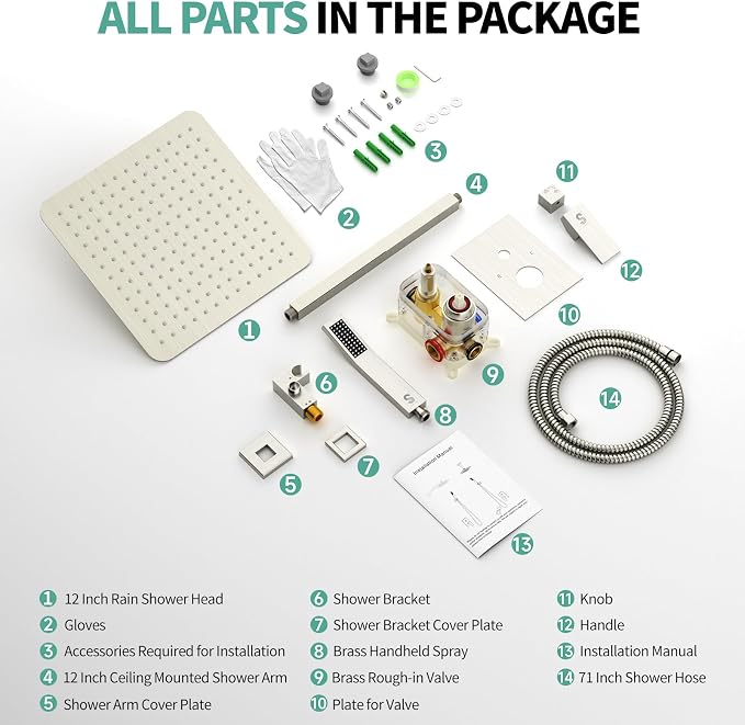 SR SUN RISE 12 Inch Ceiling Mount Brushed Nickel Shower System Bathroom Luxury - Image 7