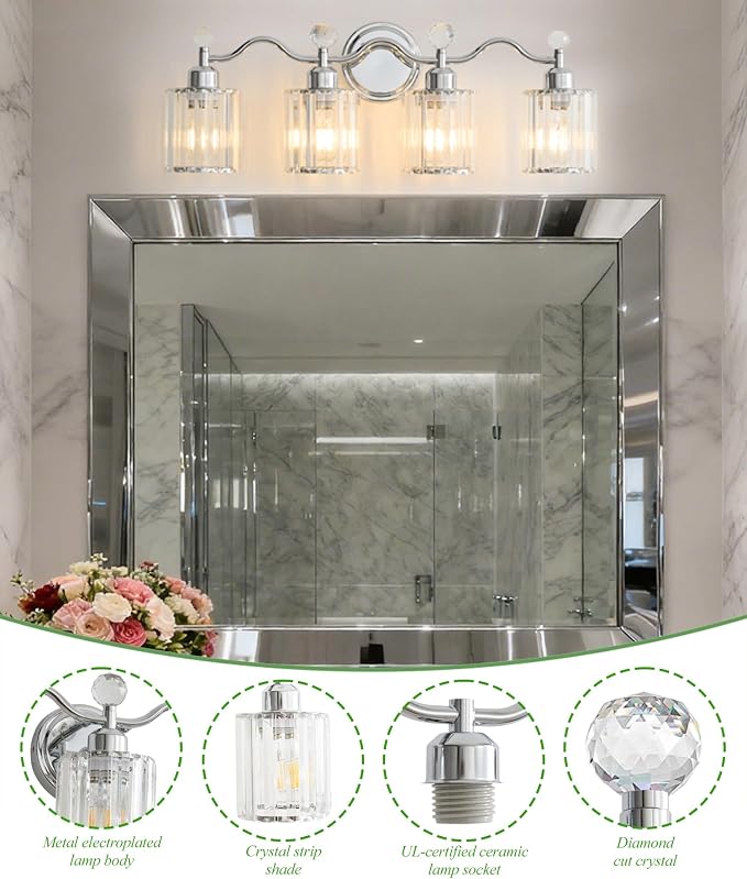Chrome Bathroom Vanity Light, Modern Crystal Bathroom Ligth Fixture, 4 Light - Image 9