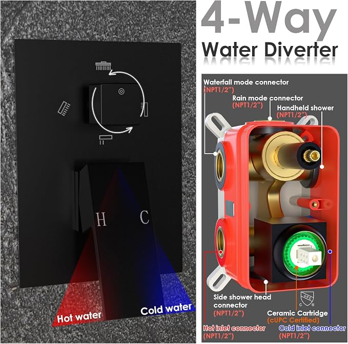 Enga 10 Inch + Dual 6-Inch Rain Shower System, Four Modes Diverter Shower Faucet - Image 5
