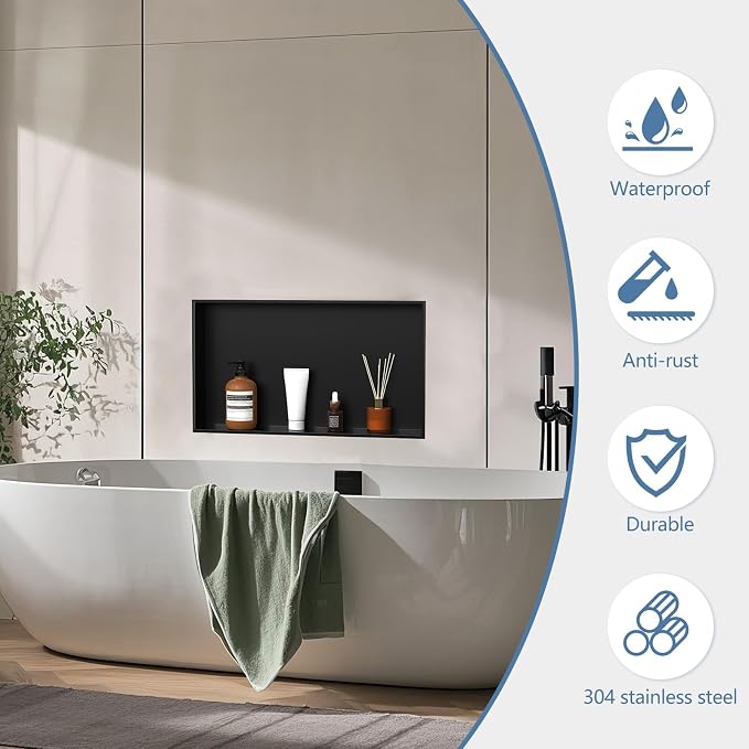 Homevacious Shower Niche 28" X 16" Stainless Steel No Tile Needed Matte Black - Image 4