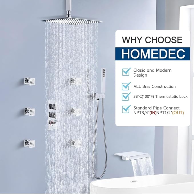 HOMEDEC Brass 4 Ways Shower Diverter Valve, Thermostatic 4 Outlets 3 Handles - Image 6