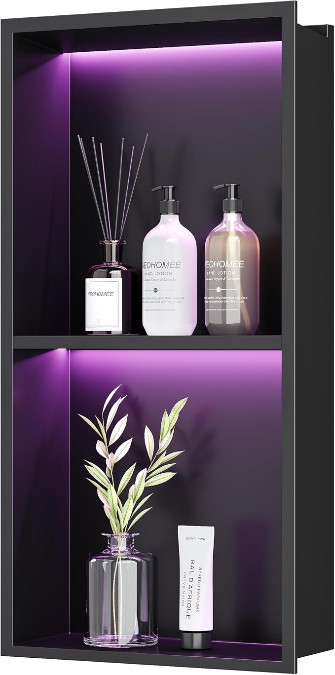 2-Tiers 12x24 Shower Niche, RGB LED Light Strips, Matte Black Wall Cabinet Shlef by Unknown