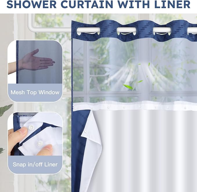 No Hook Shower Curtain and Snap in Liner Set Navy Blue Tufted Chevron Striped - Image 3