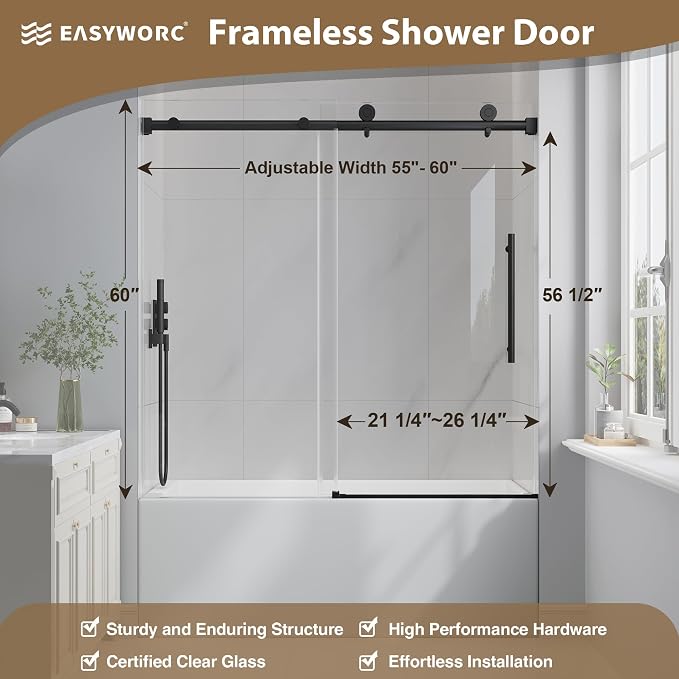 Bathtub Shower Door Frameless, 55-60" W x 60" H Sliding Tub Shower Door - Image 4