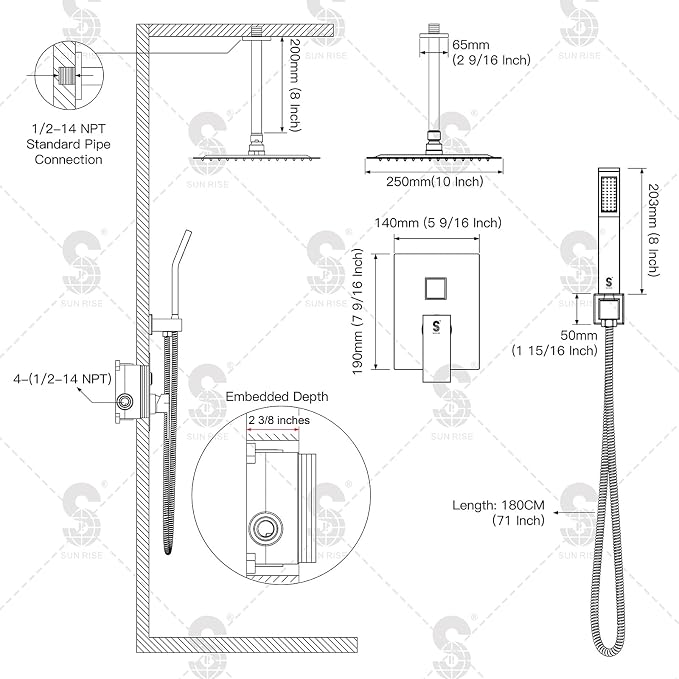 SR SUN RISE SRSH-C1003 Ceiling Mount Bathroom Luxury Rain Mixer Shower Combo - Image 8
