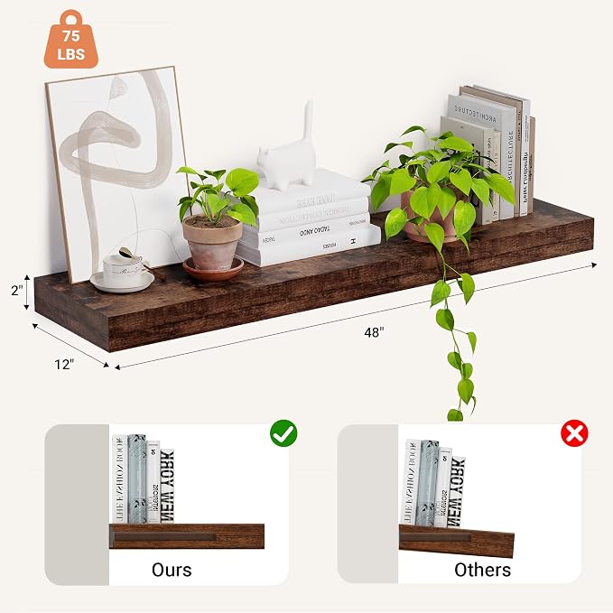 Heimlove 12 Inch Deep Floating Shelves, 48 x 12 inches Long, Large Display & - Image 3