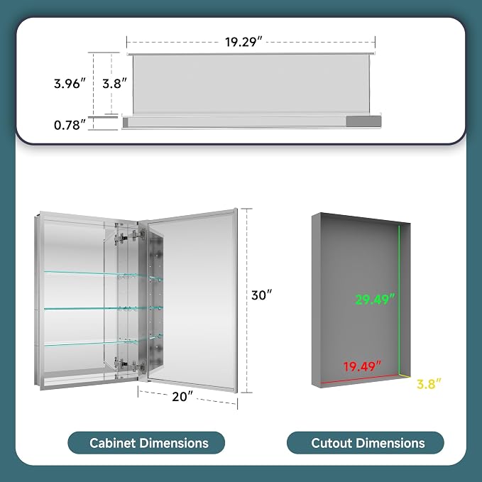 20"x30" Medicine Cabinet Mirror, Aluminum Silver Recessed Medicine Cabinet - Image 2