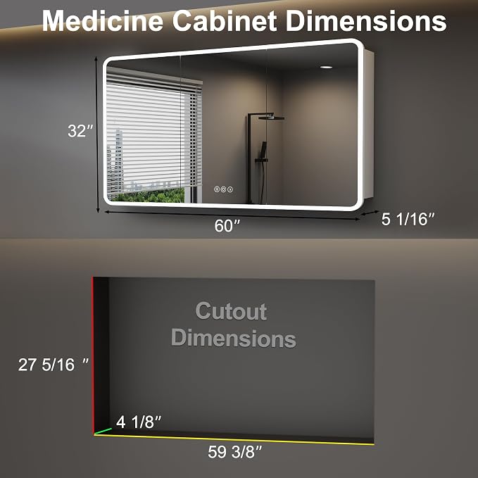 Medicine Cabinet with LED Lights and Mirror, 60 x 32 Inch Surface or Recessed - Image 2