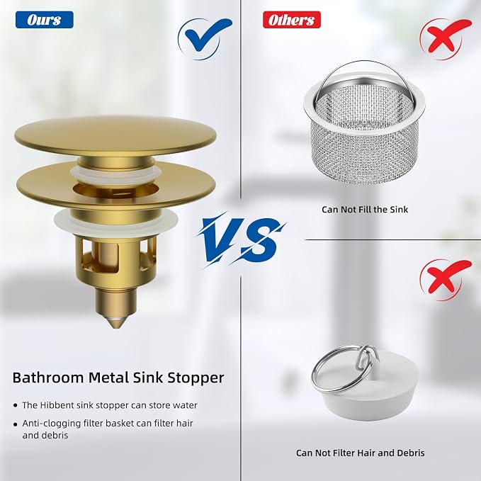 Hibbent 2 Pack All Metal Bathroom Sink Stopper, Universal Pop Up Drain Strainer - Image 3