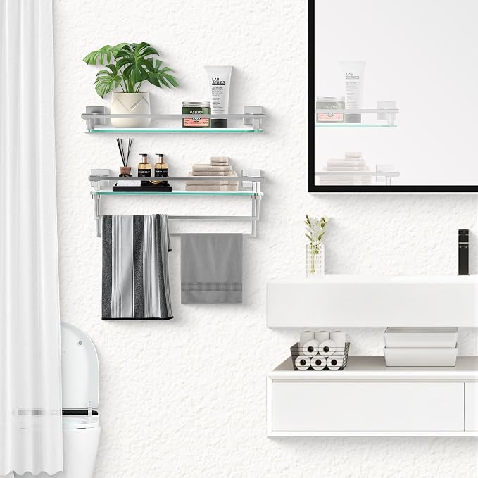 LANC Bathroom Shelves Glass Shelf 20-Inch Brushed Nickel Floating Tempered - Image 2