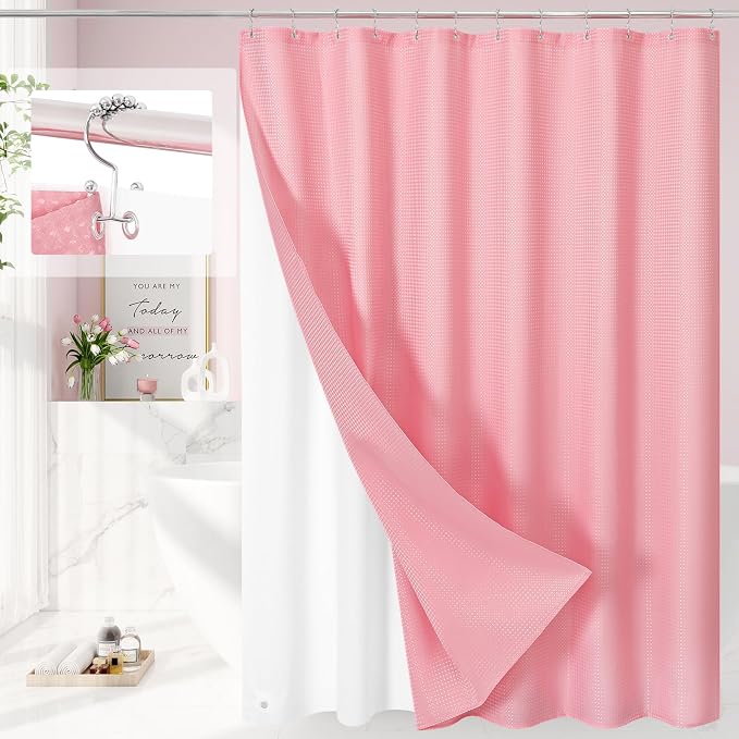 3 in 1 Long Pink Shower Curtain Set-72 W x 78 H, Modern Waffle and PEVA Liner by Unknown