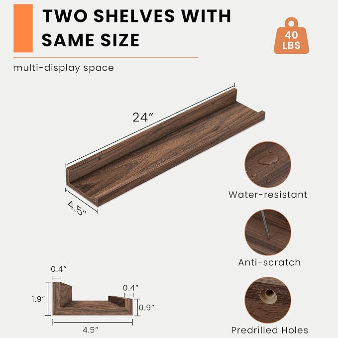 Heimlove Picture Ledge Shelf, Floating Shelves Set of 2, 24 Inches Picture Shelf - Image 3