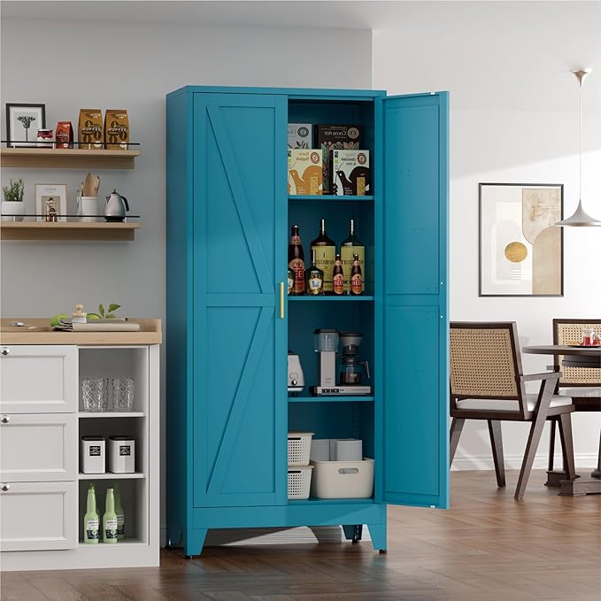 Metal Cabinets with Barn Doors and Adjustable Shelves, 4-Tier Storage Cupboard - Image 4