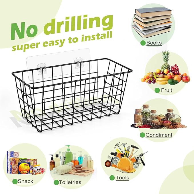 4 Pack Hanging Kitchen Baskets, Adhesive Wire Wall Storage Basket, No Drilling - Image 3