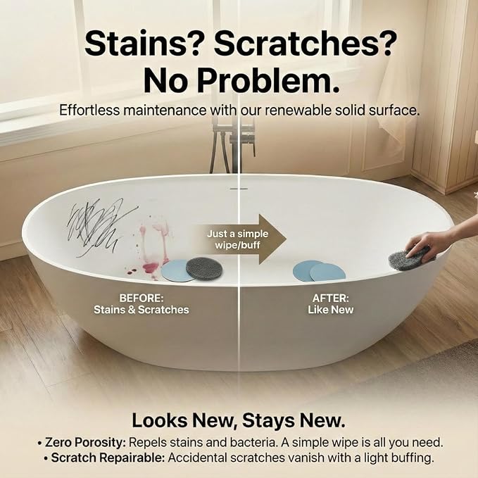 Cpingao 63" Solid Surface Freestanding Bathtub, Modern Oval Shape Soaking Tub - Image 7