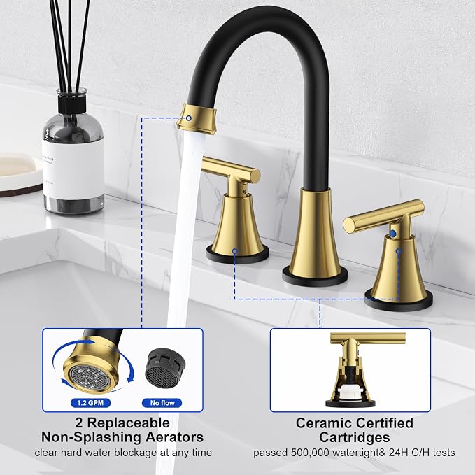 Bathroom Faucets for Sink 3 Hole, Hurran Black& Gold Bathroom Sink Faucet - Image 5