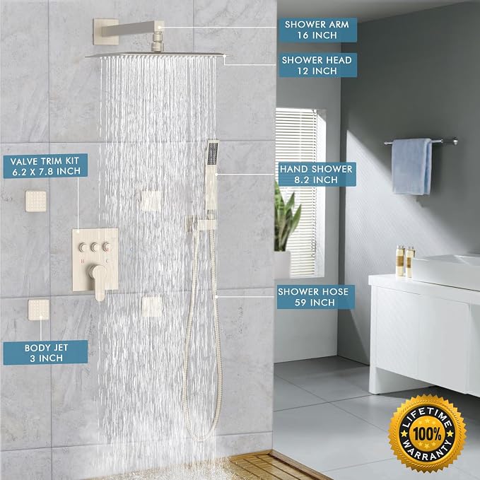 Shower System with Body Jets, Bostingner Shower Faucet Set 12" Rain Shower Head - Image 6