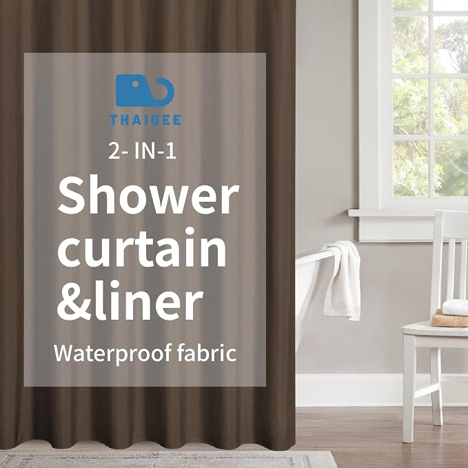 2-in-1 Waterproof Fabric Shower Curtain or Liner, Linen Textured, Breathable by THAIGEE