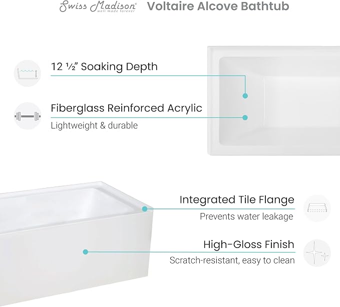 Swiss Madison Well Made Forever Voltaire 48"x32" Acrylic White, Left Hand Drain - Image 6