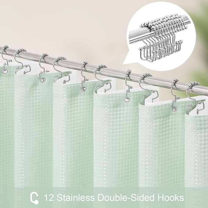 3 in 1 Extra Long Mint Green Shower Curtain Set-72 W x 84 H, Modern Waffle and - Image 3