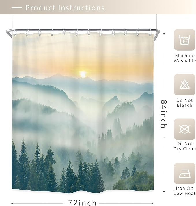 Riyidecor Extra Long Mountain Shower Curtain 72Wx84H Inch Green Yellow Sunrise - Image 5