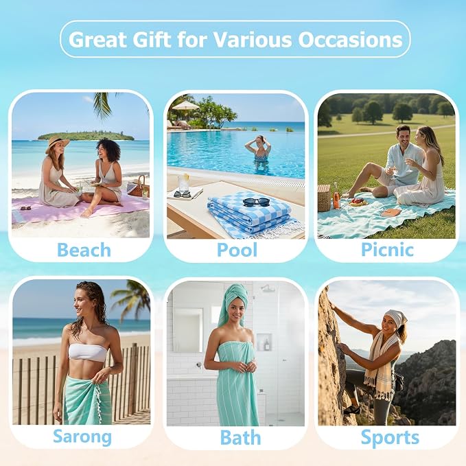 6 Pack Cotton Turkish Beach Towel Lightweight Thin Travel Vacation Essentials - Image 7